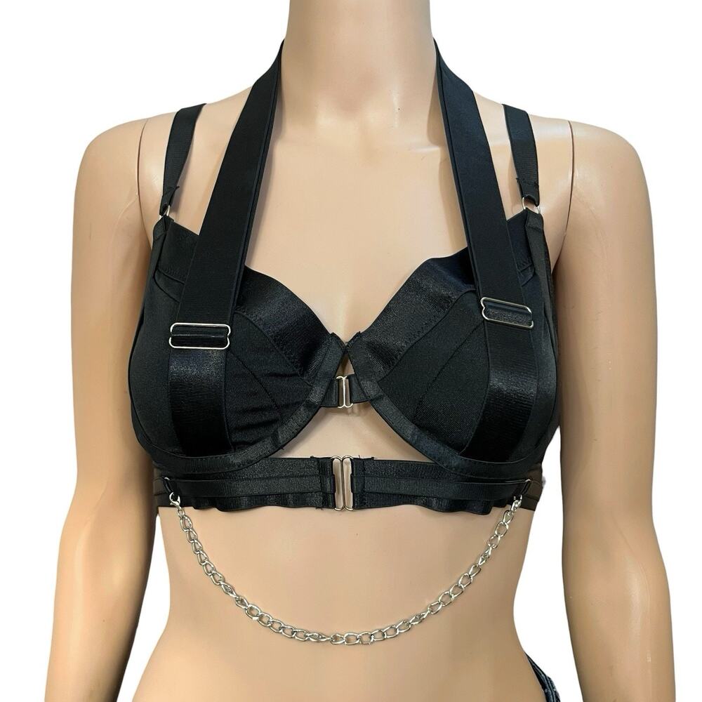 Avidlove Strappy Cage Bra Size Large Black Chain Detail Goth Punk Lingerie Wired